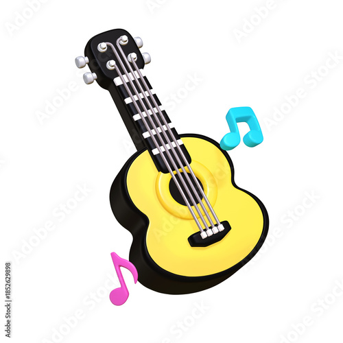 A 3D stylized acoustic guitar with a black body, a bright yellow face, and floating pink and cyan music notes.