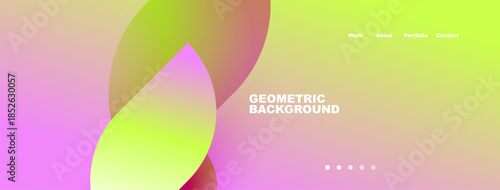 Abstract gradients, pinks, yellows create modern background. Text displays work, about, portfolio, contact options. Simple dots indicate navigation.