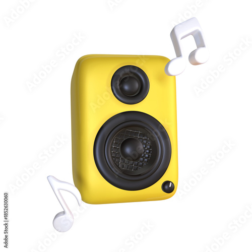 A 3D stylized bright yellow studio speaker featuring a black woofer and tweeter, a small volume knob, and floating white music notes.