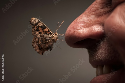 Whimsical close up of a butterfly resting gently on a human nose, symbolizing connection to nature, fragility and harmony