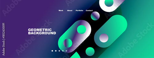 Abstract geometric shapes, vibrant colors, dark background. Website header design with navigation options visible. Modern, stylish presentation.