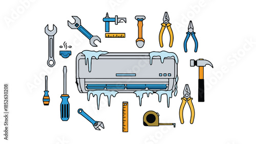 Frozen air conditioner with various tools for repair and maintenance services