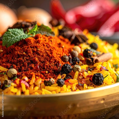 Golden bowl brimming with aromatic rice and spices