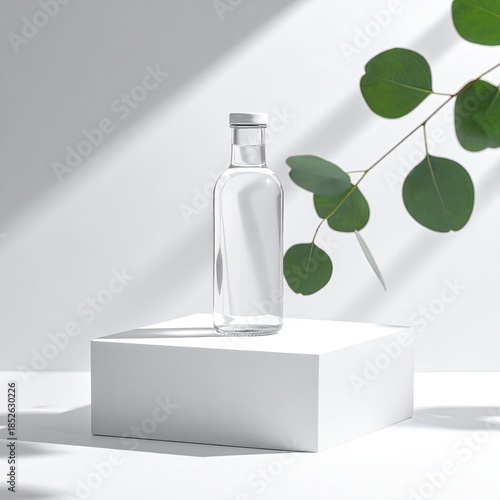Clear glass bottle on a white cube, with eucalyptus leaves