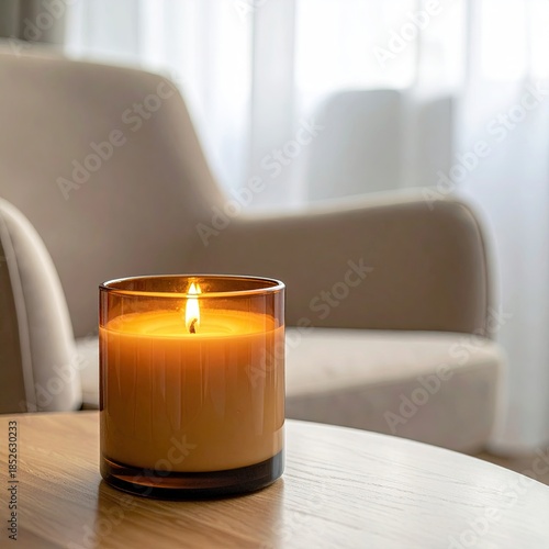 Burning candle on a wooden table, soft focus