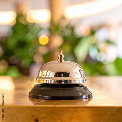 Polished chrome service bell on a reception desk, blurred background