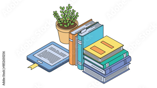 Colorful books and tablet with plant on white background, learning and education concept