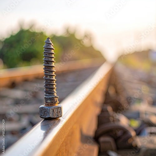 Close-up of a screw on a railway track in sunlight