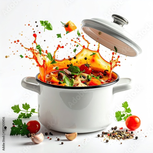 A white pot of soup explodes with flavour.  Splashes of vibrant orange liquid surround the open pot, filled with colourful vegetables and herbs.  Fresh ingredients are scattered around the pot
