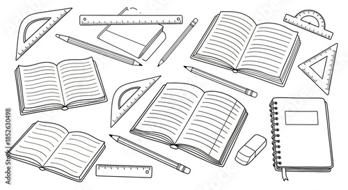 Collection of School Supplies and Books Hand Drawn Sketch.