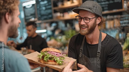 Smiling barista hands customer a gourmet sandwich on paper wrapping in a modern cafe setting.