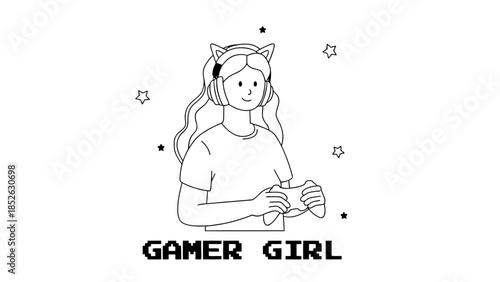 A young gamer girl with pink hair and headphones holding a controller