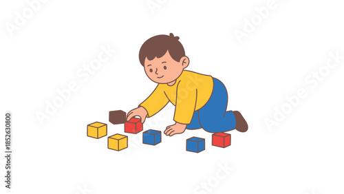 Happy child playing with colorful blocks on the floor, learning and development concept