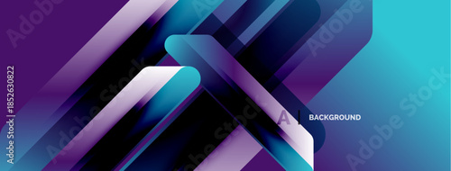 Abstract geometric shapes overlap, creating vibrant gradients. Purple, blue, turquoise hues dominate composition. Modern design element.