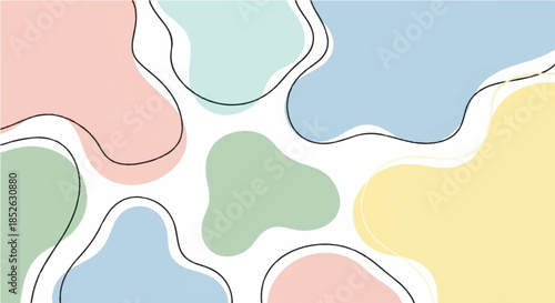 Abstract minimalist background featuring organic fluid shapes in soft pastel colors, outlined by continuous black lines, creating a modern and artistic graphic design