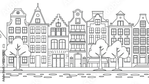 Colorful Amsterdam cityscape with traditional Dutch architecture and trees along the canal