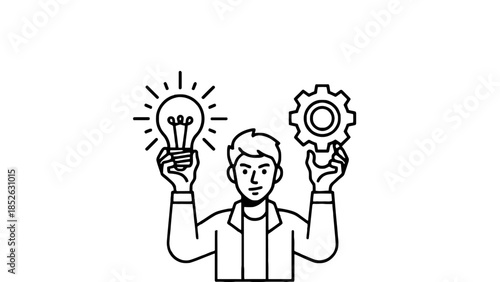 Cartoon man holding lightbulb and gear, symbolizing innovation and creativity ideas
