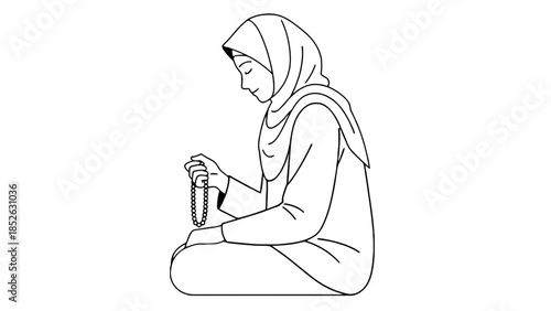 Woman in hijab praying with rosary beads in blue outfit sitting cross-legged