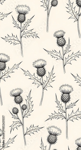 Wallpaper Mural Monochrome thistle sketch, botanical pattern for unique creative projects Torontodigital.ca
