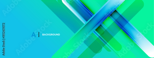 Abstract geometric shapes overlap, creating vibrant blue, green gradients. Modern design suggests technology, innovation, digital art.