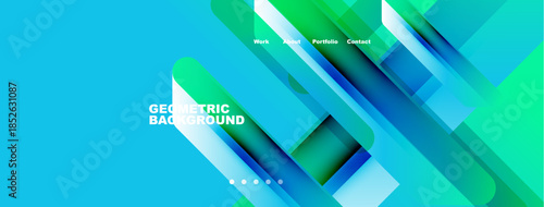 Abstract geometric background. Bright blue hues dominate design. Text labels include work, about, portfolio, contact. Modern aesthetic.