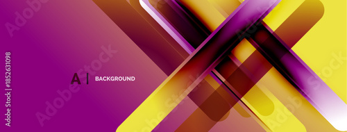 Abstract vibrant design. Overlapping shapes create dynamic visual effect. Purple, yellow, brown hues dominate composition. Modern aesthetic.