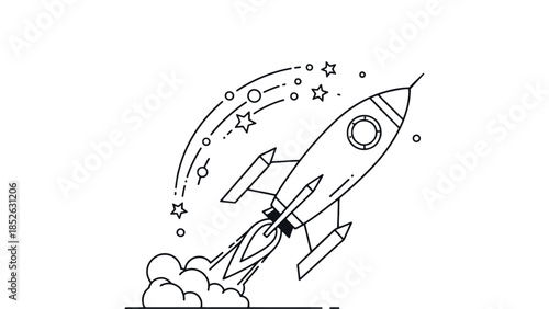 Colorful cartoon rocket ship blasting off into space with stars and clouds