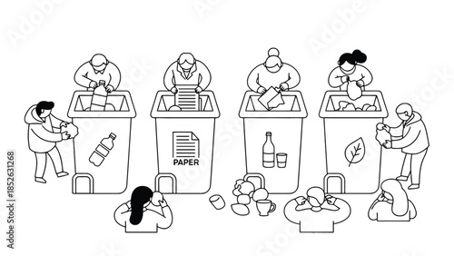 People recycling paper, plastic, glass, and organic waste in colorful bins together