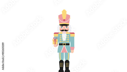 Colorful cartoon nutcracker soldier toy character in festive uniform and hat standing alone
