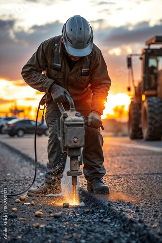 Construction worker using jackhammer on asphalt road at sunset