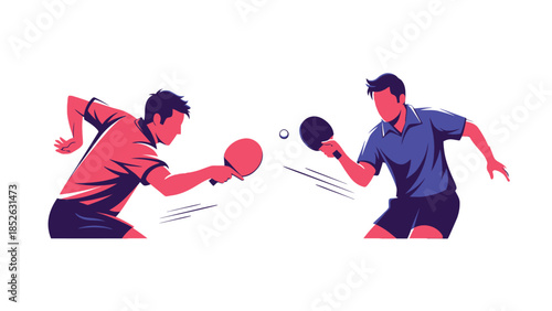 Two men playing table tennis with rackets and ball in action