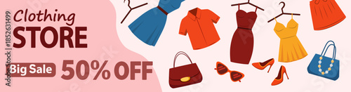 Flat style clothing sale banner. Minimalist fashion design with text “clothing store” and “50% off” discount. For promotions, online shops, advertising, web design, and social media marketing.