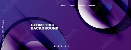 Abstract purple design features flowing shapes, text elements, navigation bar. Modern aesthetic suitable for website header or banner.