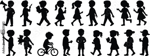 Children silhouettes daily activities set, boys and girls walking reading cycling playing, childhood lifestyle collection, black vector illustration isolated design