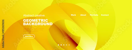 Bright yellow abstract design. Overlapping shapes create dynamic visual effect. Text elements present website navigation options.