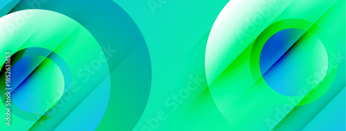 Abstract composition featuring overlapping circles, lines. Teal, turquoise hues dominate design, creating dynamic visual effect.