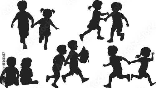 Children silhouettes playing running and interacting together, boys and girls activity poses collection, joyful childhood scenes, black vector illustration isolated