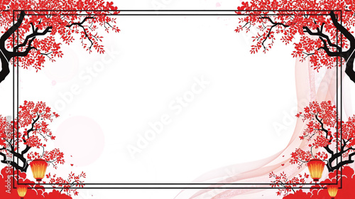 Asian inspired Decorative Frame with Red Cherry Blossoms and Glowing Lanterns
