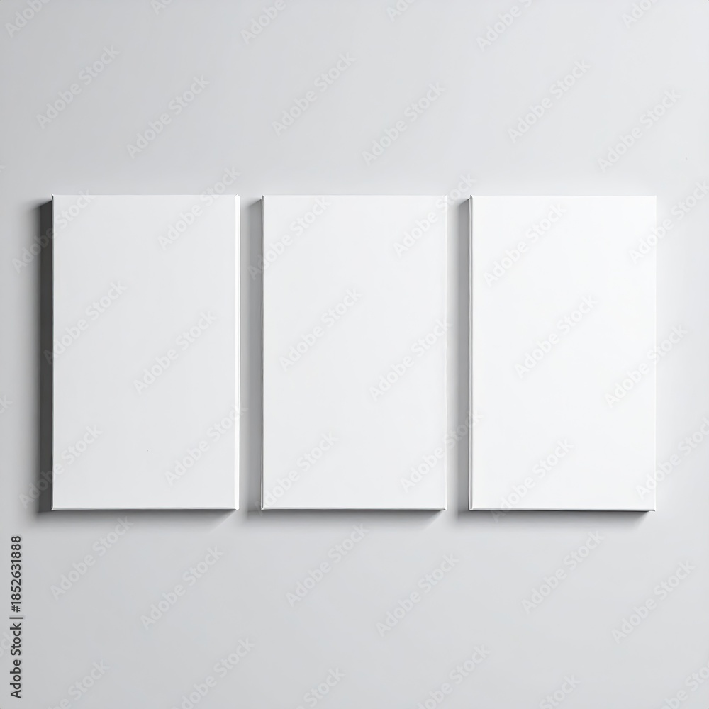 Fototapeta premium Three blank white canvases mounted on a light gray wall