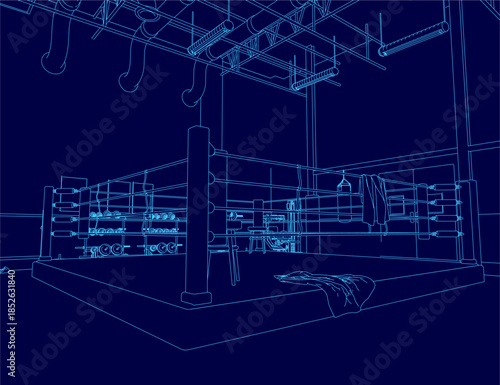 A detailed blueprint of a boxing ring on a blue background features ropes, poles, and corner pads for realistic training gym contour.