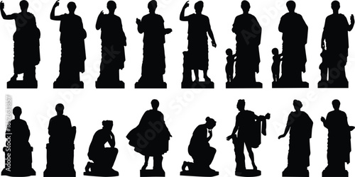 Classical statue silhouette vector set, ancient sculpture human figures collection, black historical art monuments isolated on white background