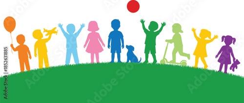 Colorful children silhouette vector illustration, kids playing outdoors together, joyful childhood activities, community diversity concept, isolated white background design