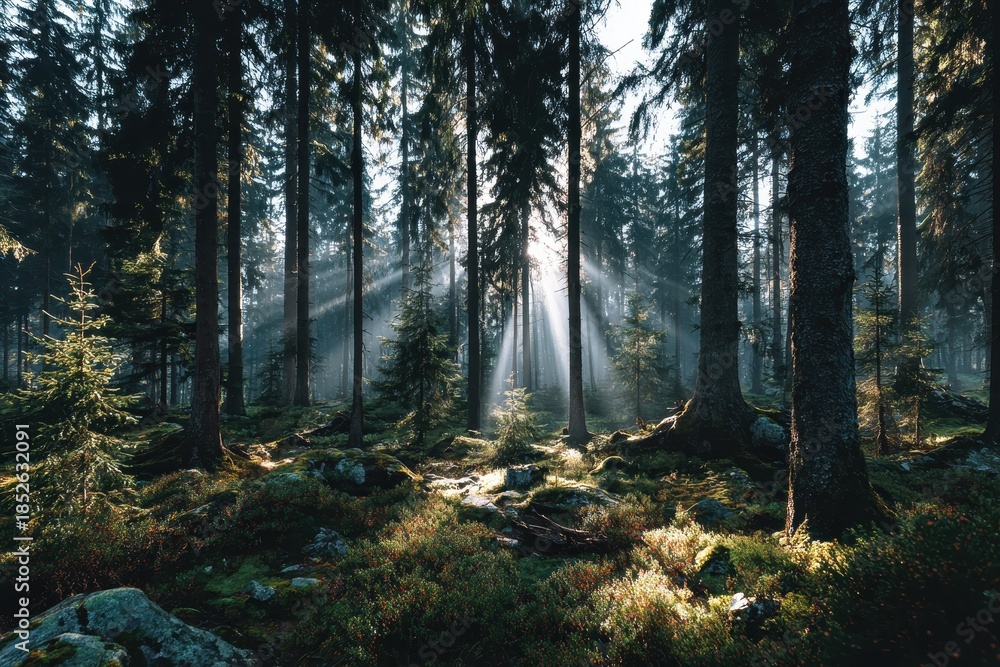 Obraz premium Sun rays pierce a dense forest, lighting mossy rocks and tall trees. Enchanting light enhances the serene, natural woodland beauty