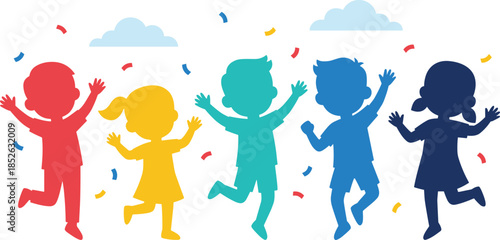 Happy children silhouette vector illustration, kids jumping together, joyful childhood celebration concept, colorful flat design, isolated white background artwork