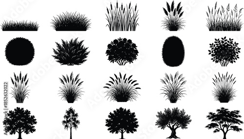 Grass bush tree silhouette vector set, plants shrubs foliage collection, black botanical landscape elements, nature design isolated white background