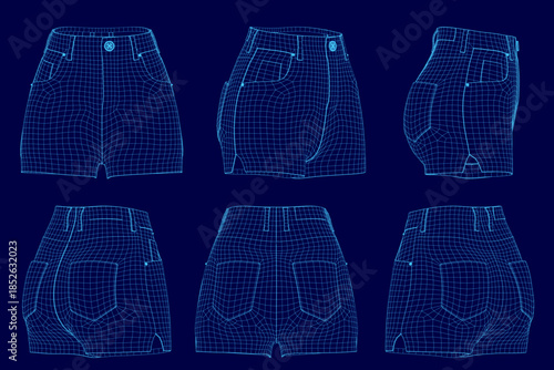 A women's shorts set blueprint on a blue background features a classic drawstring waistband and side pockets. The lightweight fabric design is ideal for casual comfort.