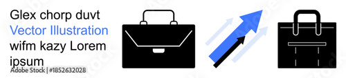 Business growth, career progress, corporate tools, financial success, professional work, business . Three briefcase graphics with an upward arrow. Business growth and career progress concept