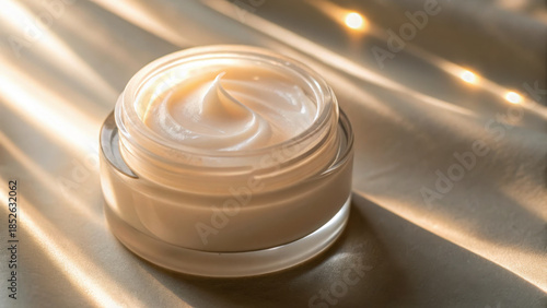 Sensorial skincare ritual. Luxurious skincare cream jar on silky fabric with soft lighting creates elegant ambiance