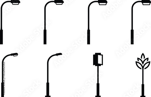Modern streetlight silhouettes icon set, urban outdoor lighting poles collection, minimal city lamp designs, black vector illustration