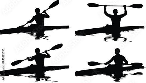 Kayaking silhouette vector set, canoe paddle sports action collection, black water reflection athletes, outdoor adventure activity isolated background